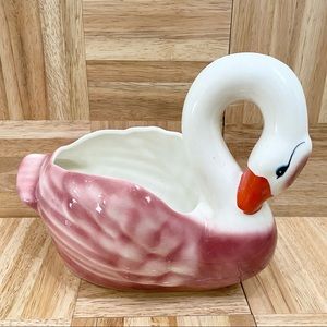 Vintage Pink & White 8 1/2” Large Swan Planter Ceramic Glazed Pottery Swan
